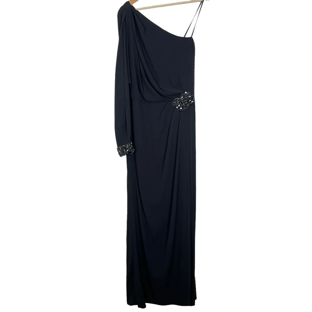 david meister one shoulder dress David Meister Beaded One Shoulder Slit Sleeve Gown